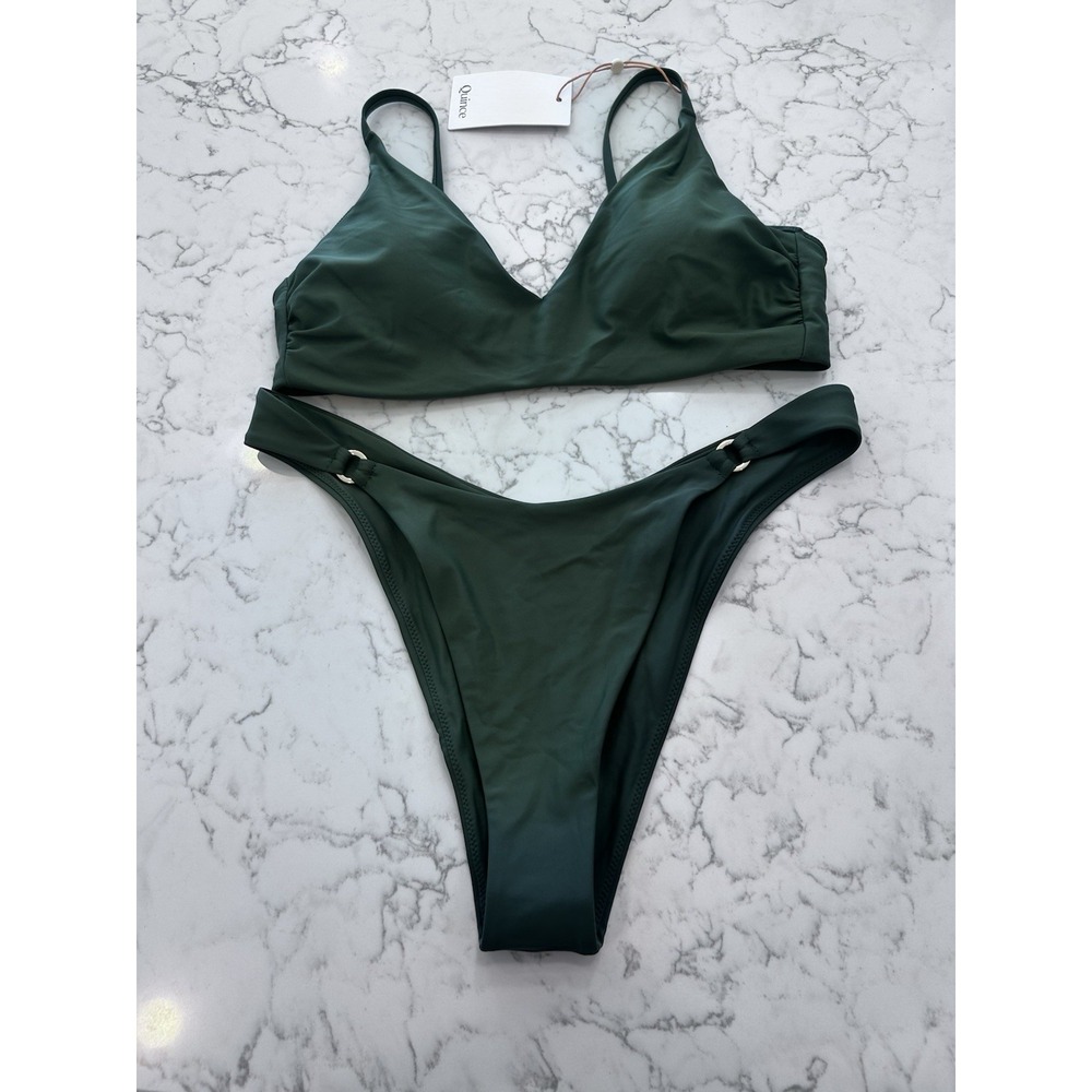 New Quince Palm Green Italian V Neck Bikini Top & Ring High Leg Bottom Set Large